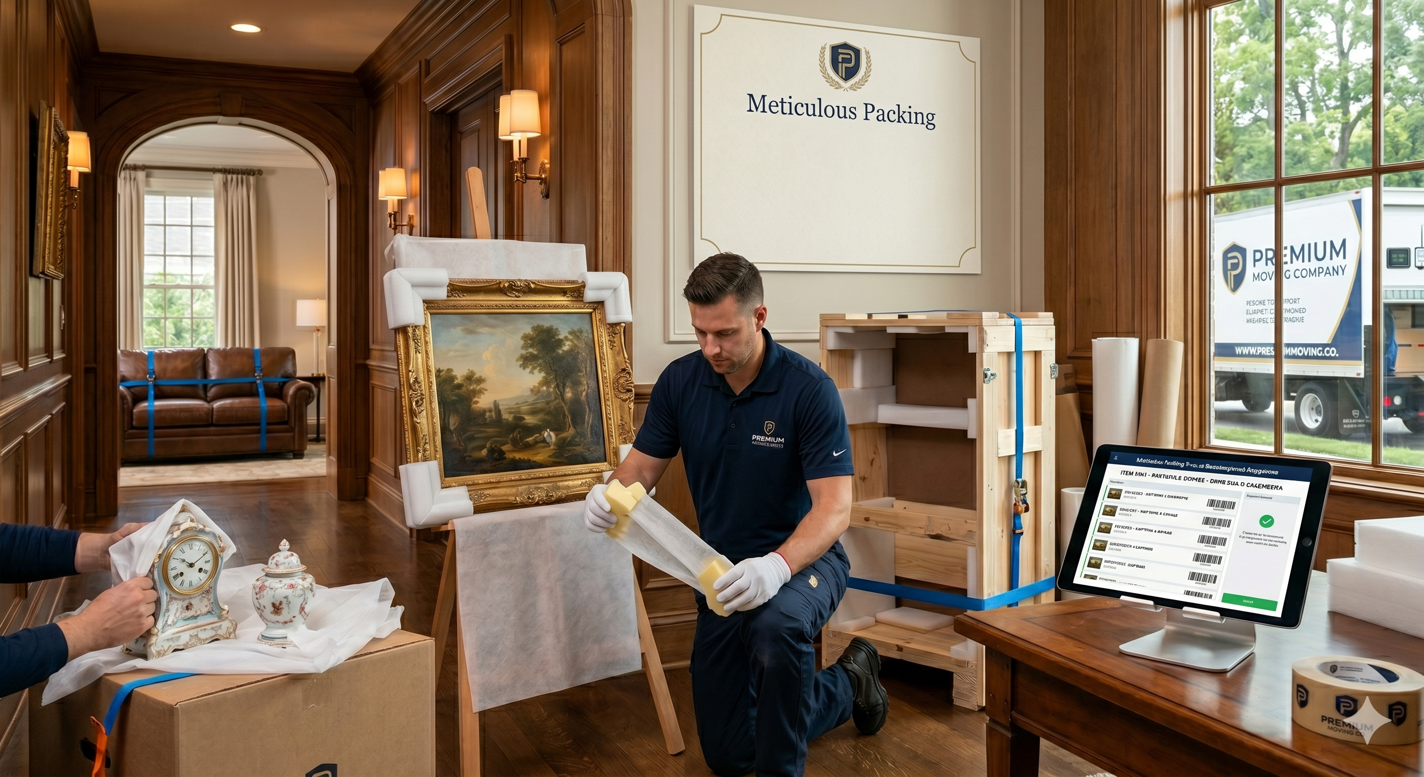 Meticulous professional packing with clean boxes and protective materials