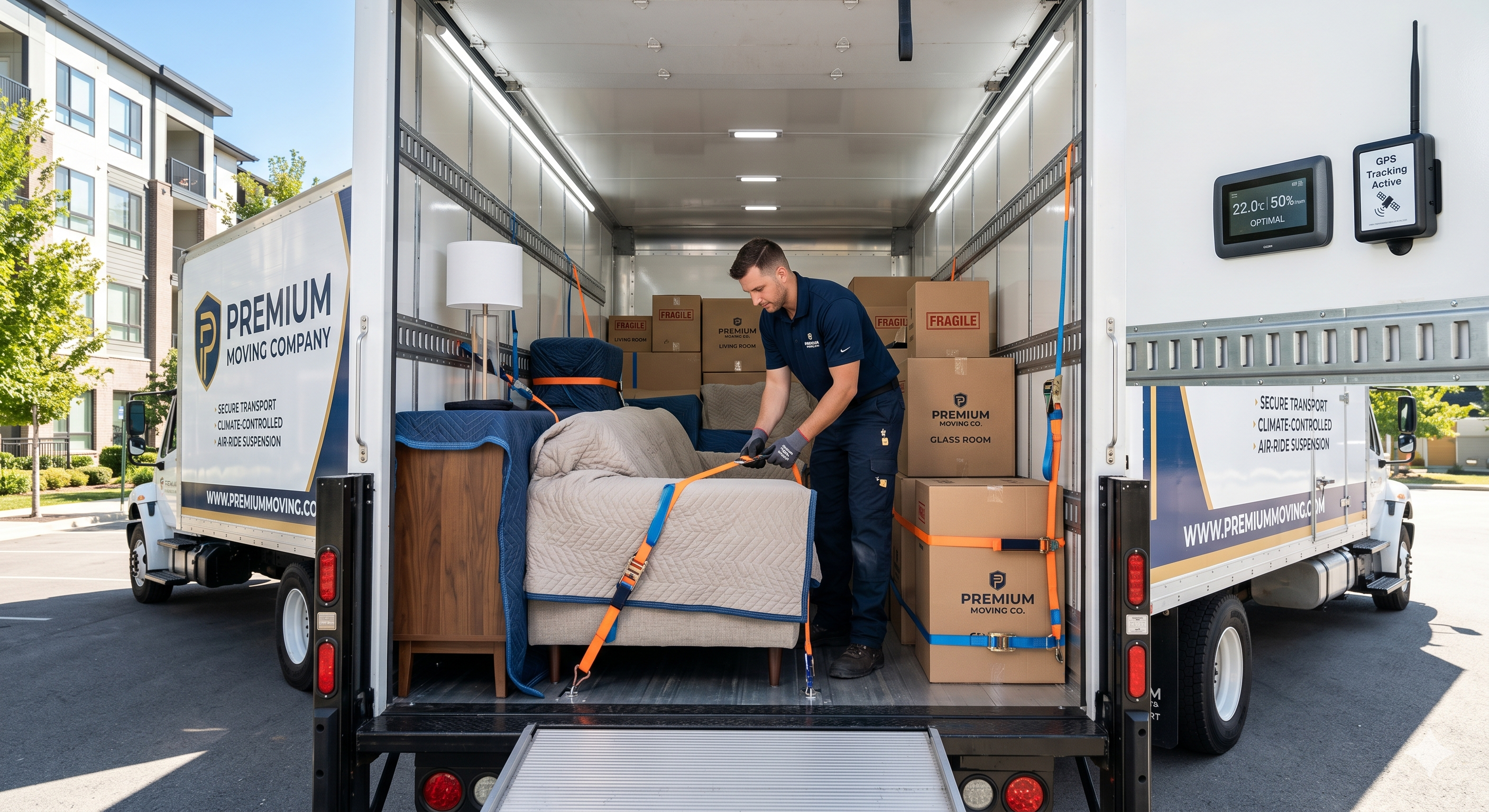 Professional movers in clean uniforms carefully handling furniture